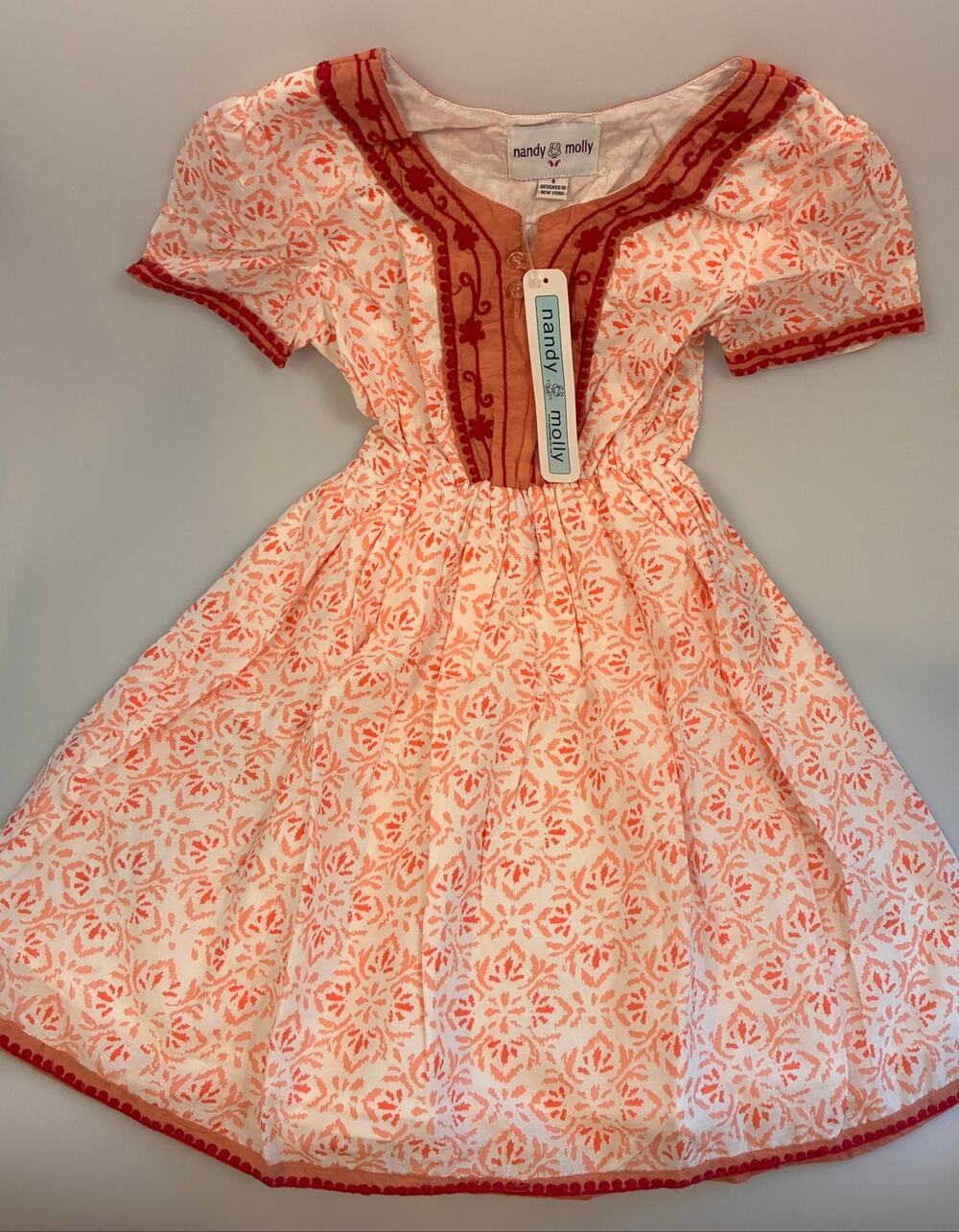 Nandy & Molly NWT Girls Dress Size 8 Coral Floral Block Print Embroidered